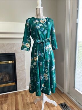 Green Floral Belted Midi Dress